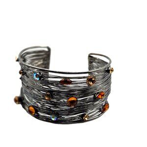 Vintage 80s silver tone and multi color rhinestones thick cuff  1.5" thick rare